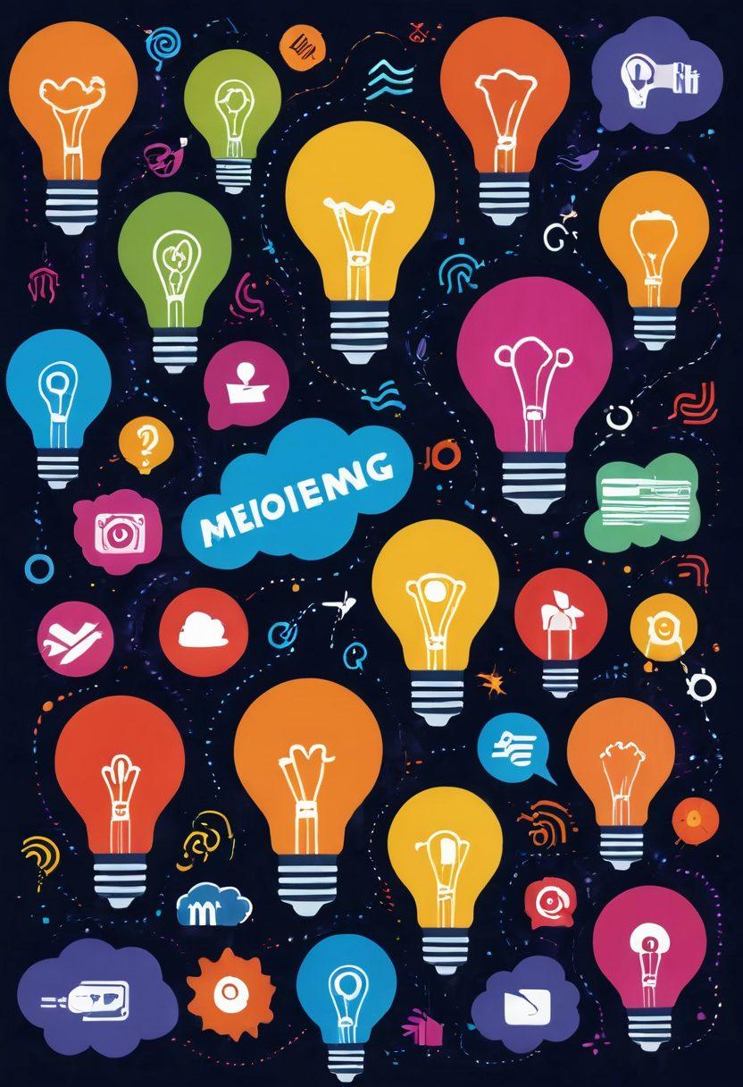 A vibrant collage showcasing the journey of video creation, from brainstorming ideas with illustrated light bulbs, to filming with a camera, and finally uploading a video to a computer screen displaying MegaTube. Incorporate dynamic elements like sound waves and social media icons to represent engagement. Use bright colors and a modern aesthetic to capture attention. vector art. dynamic style.