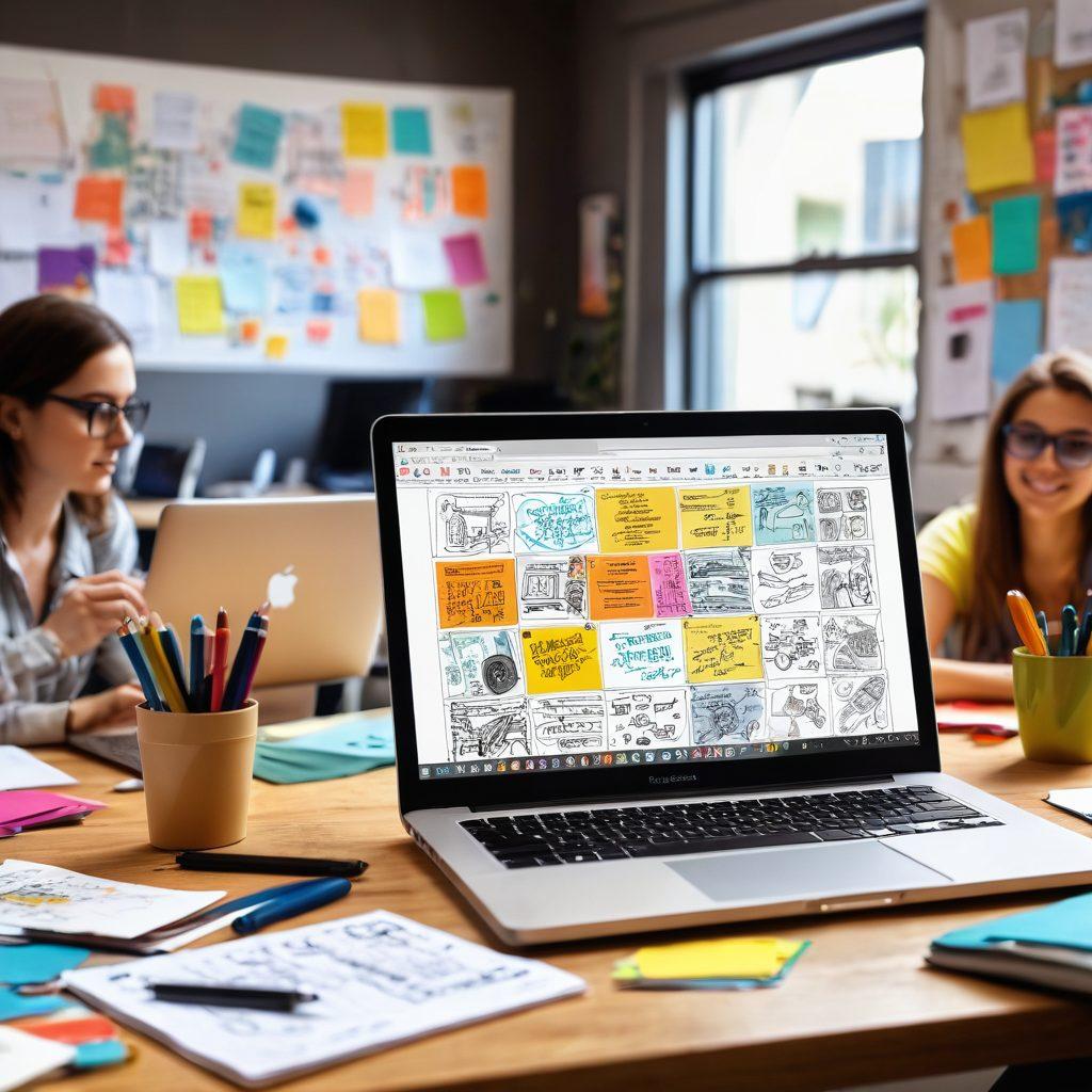 A vibrant workspace with a laptop open to a content creation platform, surrounded by colorful notes, sketches, and creative tools. In the background, a diverse group of people are engaged, collaborating, and brainstorming in a buzzing atmosphere. Include elements of social media icons floating around, symbolizing audience engagement. Super-realistic. Bright colors. Soft focus.