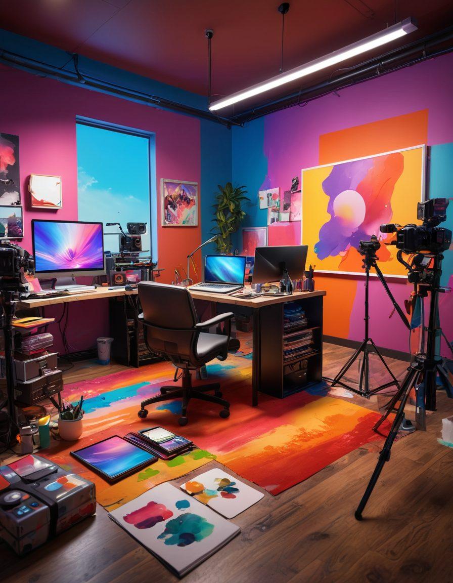 A vibrant and dynamic scene showcasing a diverse group of content creators engaged in video blogging activities, surrounded by state-of-the-art filming equipment and colorful backgrounds representing creativity. Include elements like a computer displaying MegaTube's logo, various camera angles capturing the excitement, and scattered artistic tools like paintbrushes and notepads to emphasize creativity. Bright, engaging colors and a lively atmosphere. super-realistic. vibrant colors. digital art.